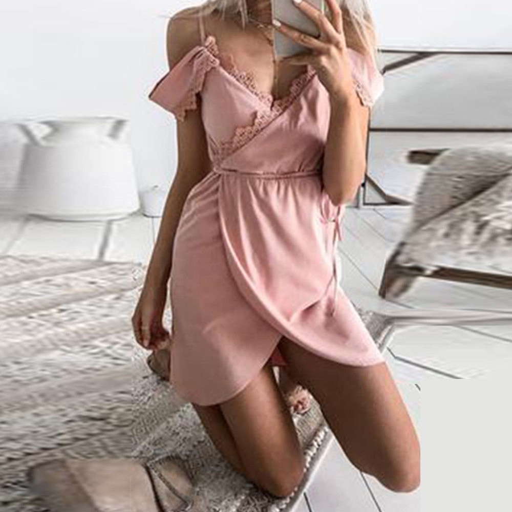 Pink Off Shoulder Faux Wrap Mini Dress
